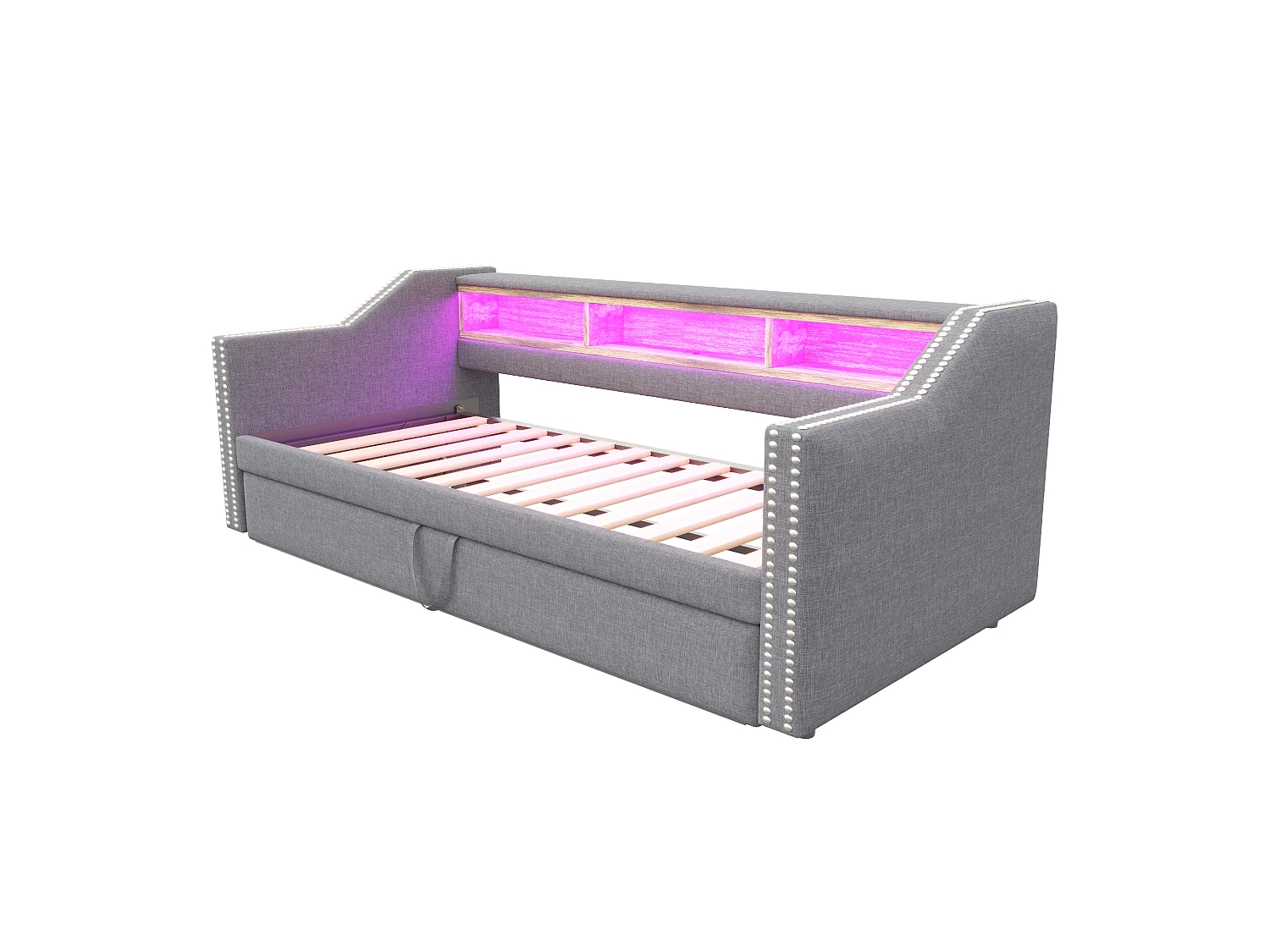 Uitschuifbaar gestoffeerd slaapbankbed 90/180x190 cm van stof, lichtgrijs, met USB & LED en opbergvakken