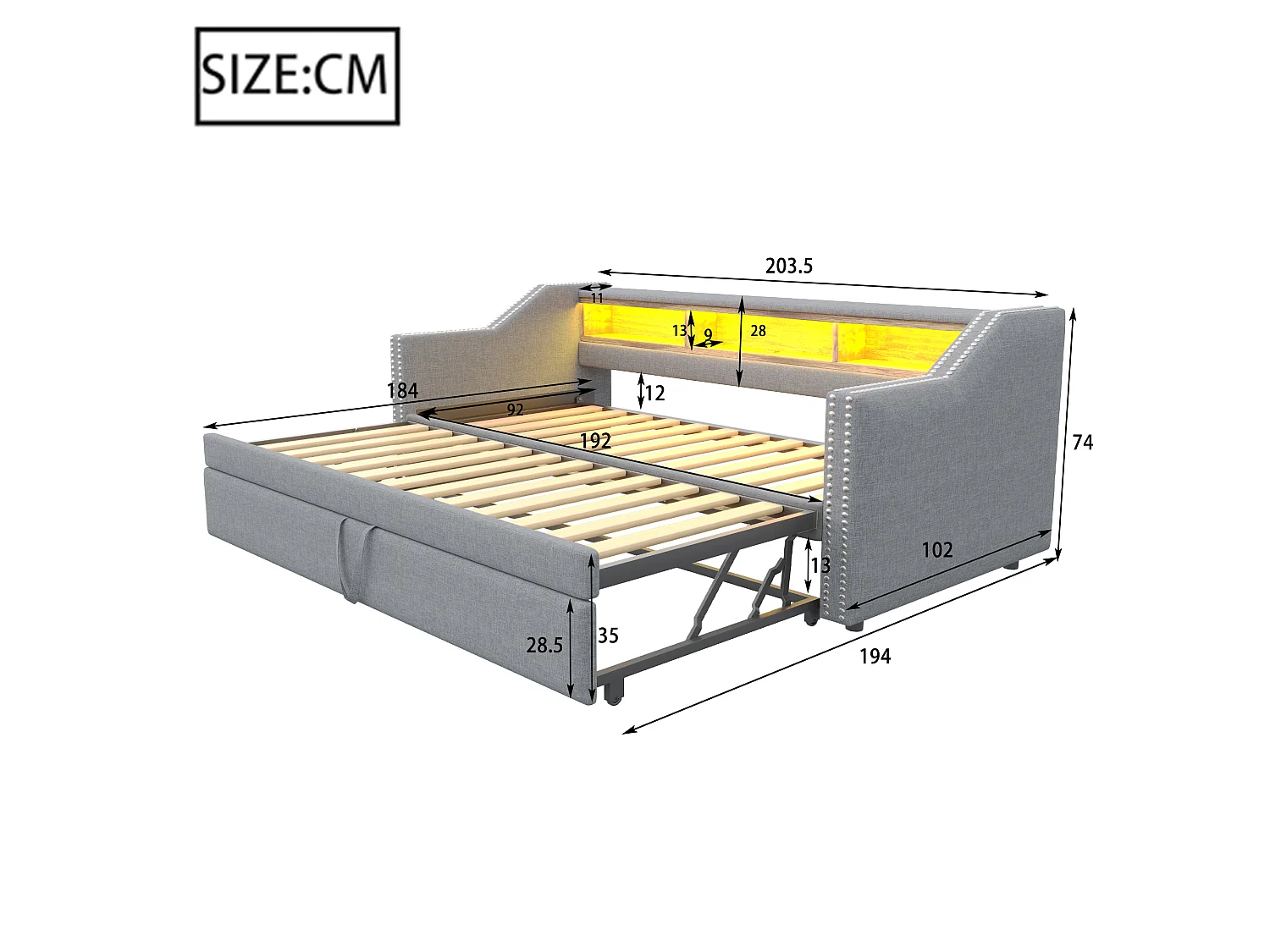 Uitschuifbaar gestoffeerd slaapbankbed 90/180x190 cm van stof, lichtgrijs, met USB & LED en opbergvakken
