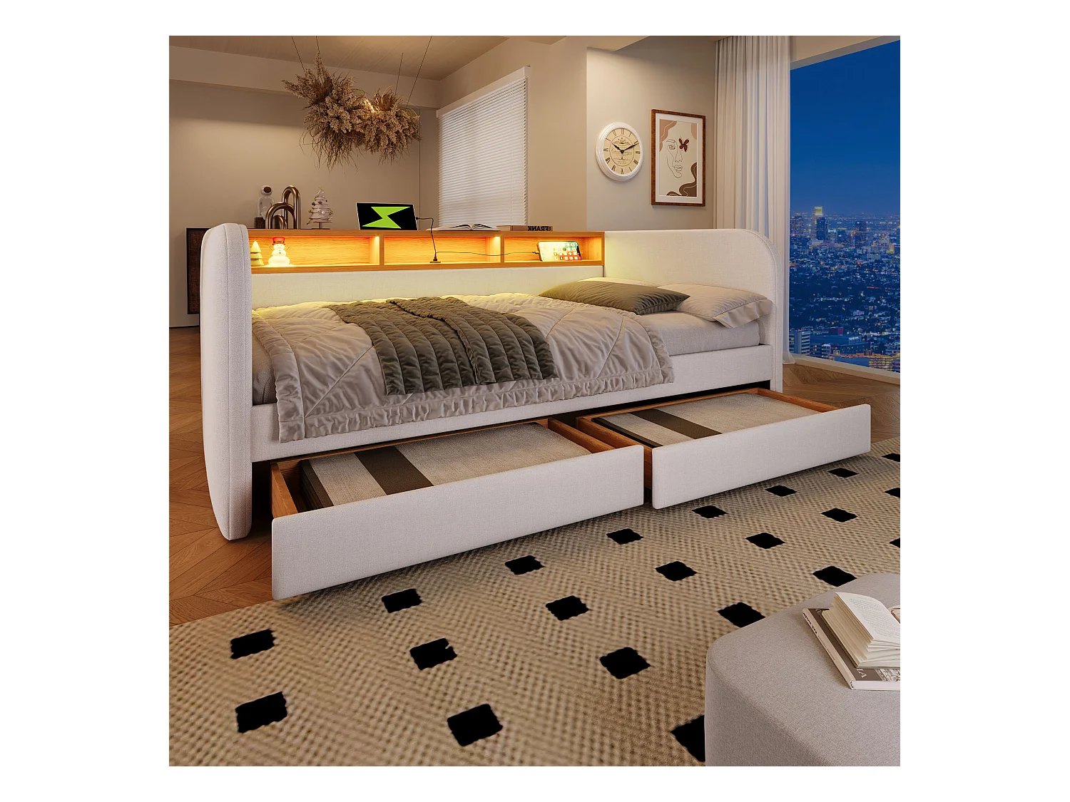 Lit banquette 140×190 cm, canapé-lit avec LED et port USB-C, tête de lit avec rangement et 2 tiroirs, lin beige clair, sans matelas