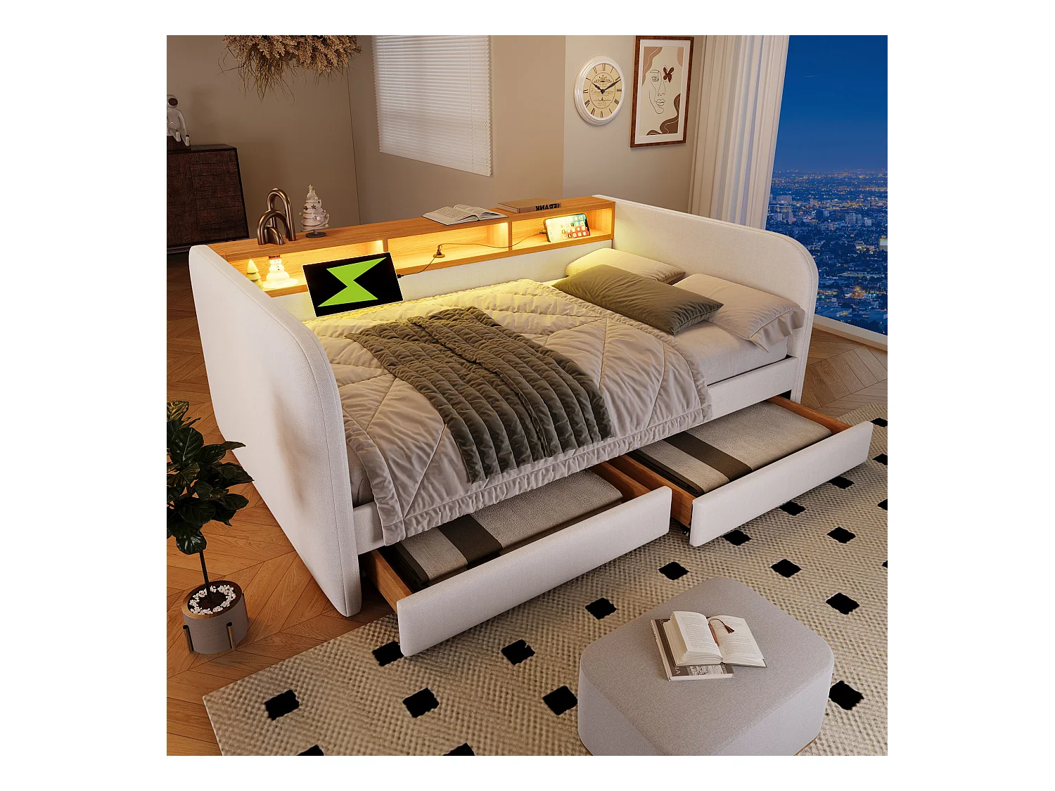 Lit banquette 140×190 cm, canapé-lit avec LED et port USB-C, tête de lit avec rangement et 2 tiroirs, lin beige clair, sans matelas