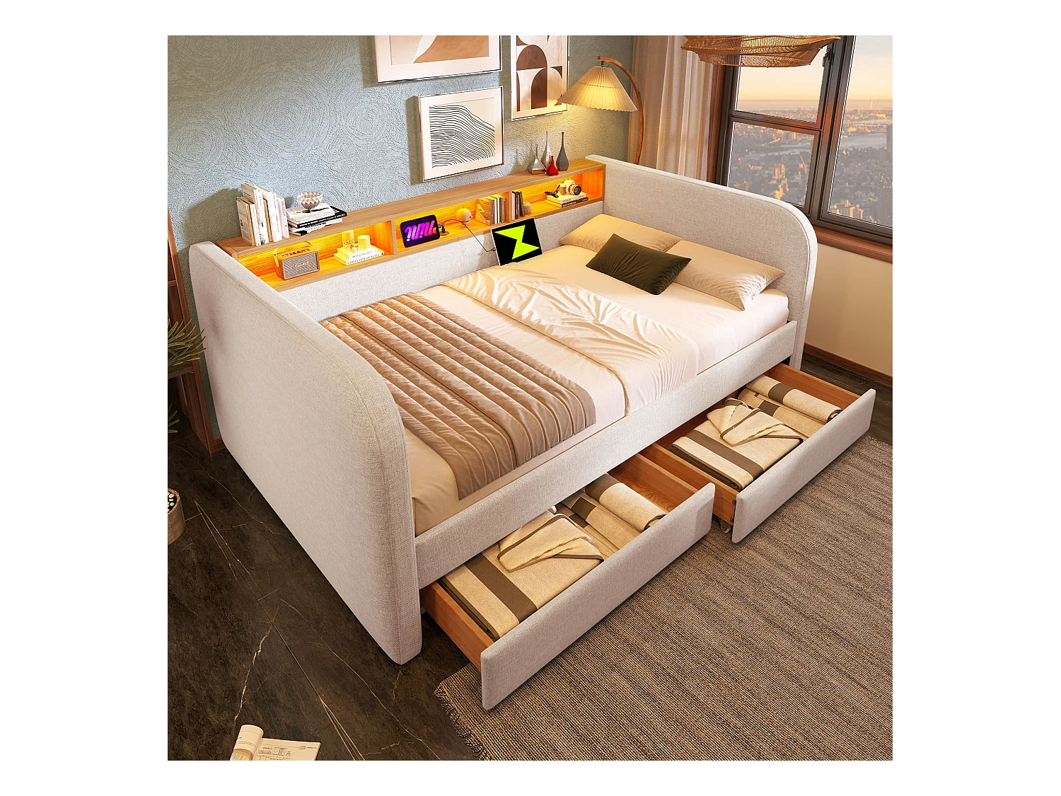 Lit banquette 140×190 cm, canapé-lit avec LED et port USB-C, tête de lit avec rangement et 2 tiroirs, lin beige clair, sans matelas