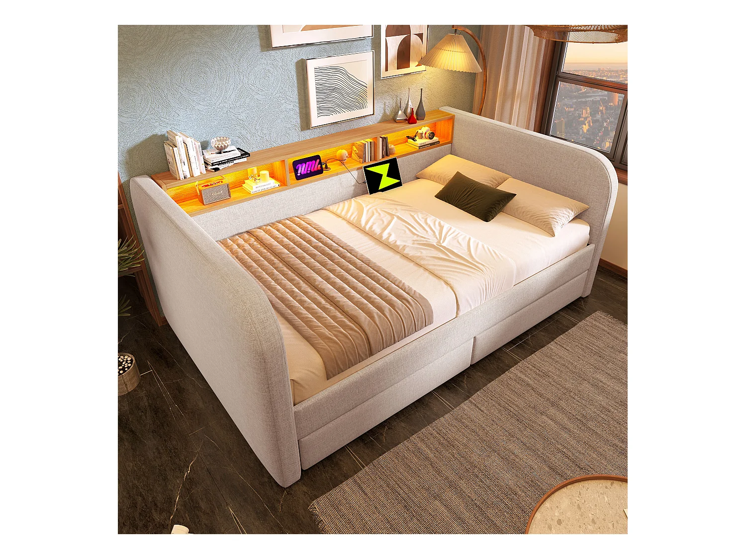 Lit banquette 140×190 cm, canapé-lit avec LED et port USB-C, tête de lit avec rangement et 2 tiroirs, lin beige clair, sans matelas