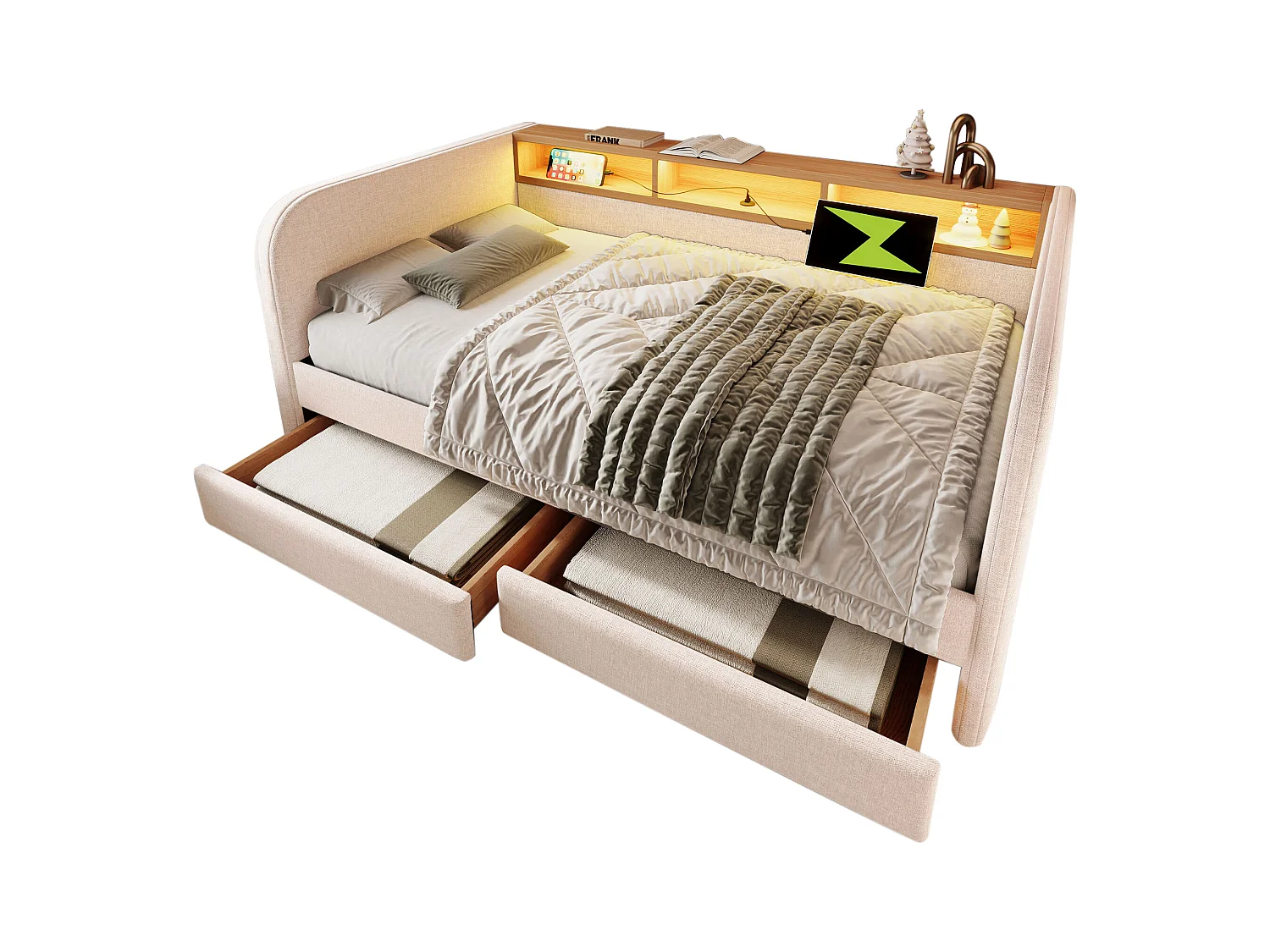 Lit banquette 140×190 cm, canapé-lit avec LED et port USB-C, tête de lit avec rangement et 2 tiroirs, lin beige clair, sans matelas