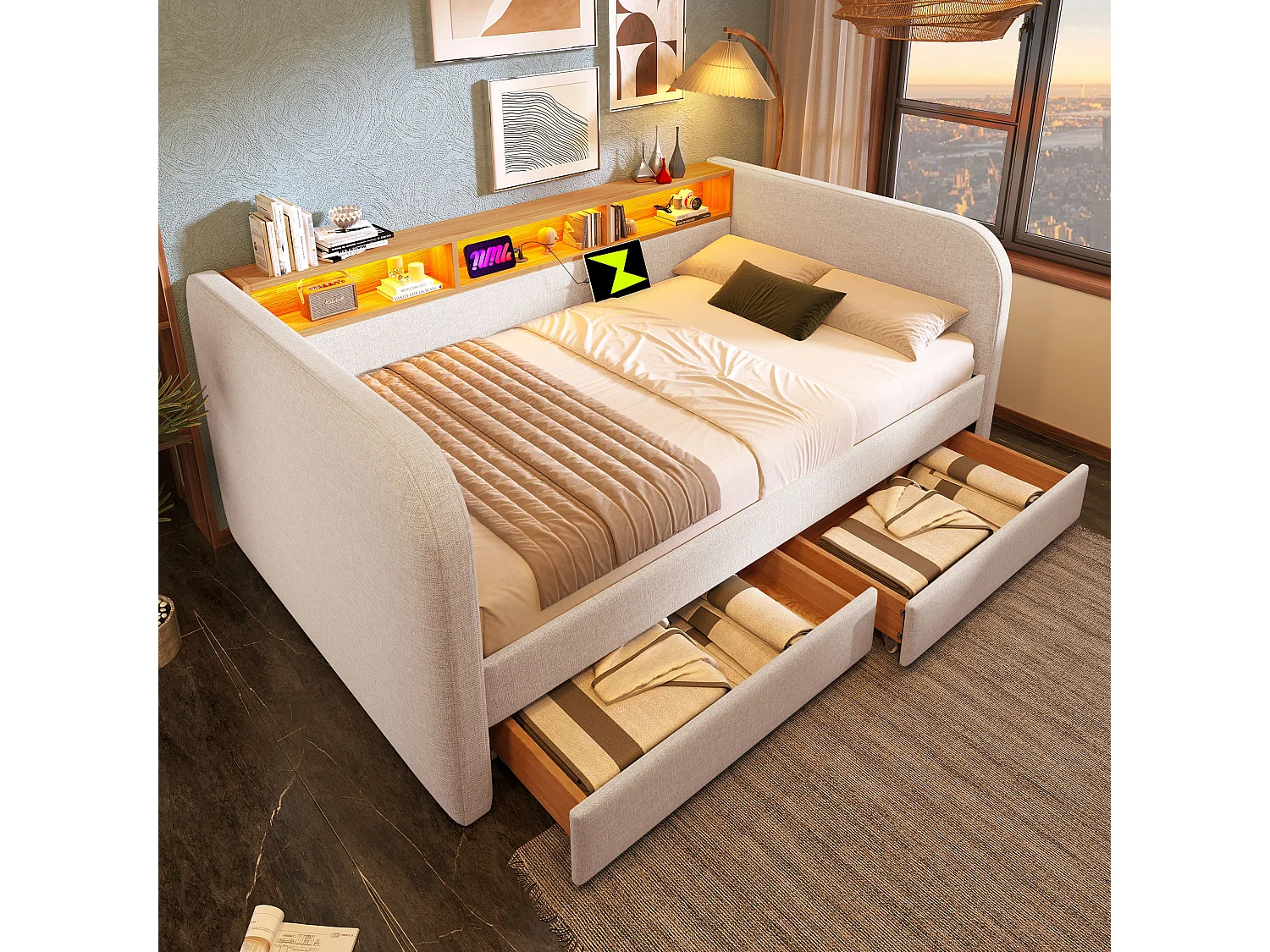 Lit banquette 140×190 cm, canapé-lit avec LED et port USB-C, tête de lit avec rangement et 2 tiroirs, lin beige clair, sans matelas