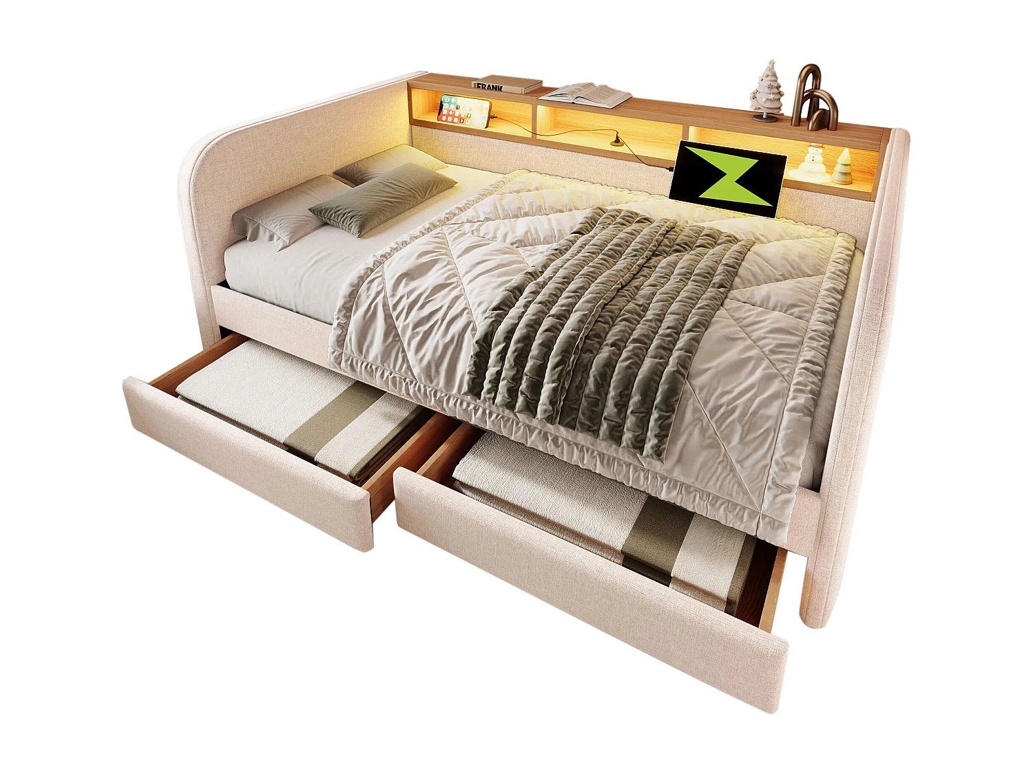 Lit banquette 140×190 cm, canapé-lit avec LED et port USB-C, tête de lit avec rangement et 2 tiroirs, lin beige clair, sans matelas