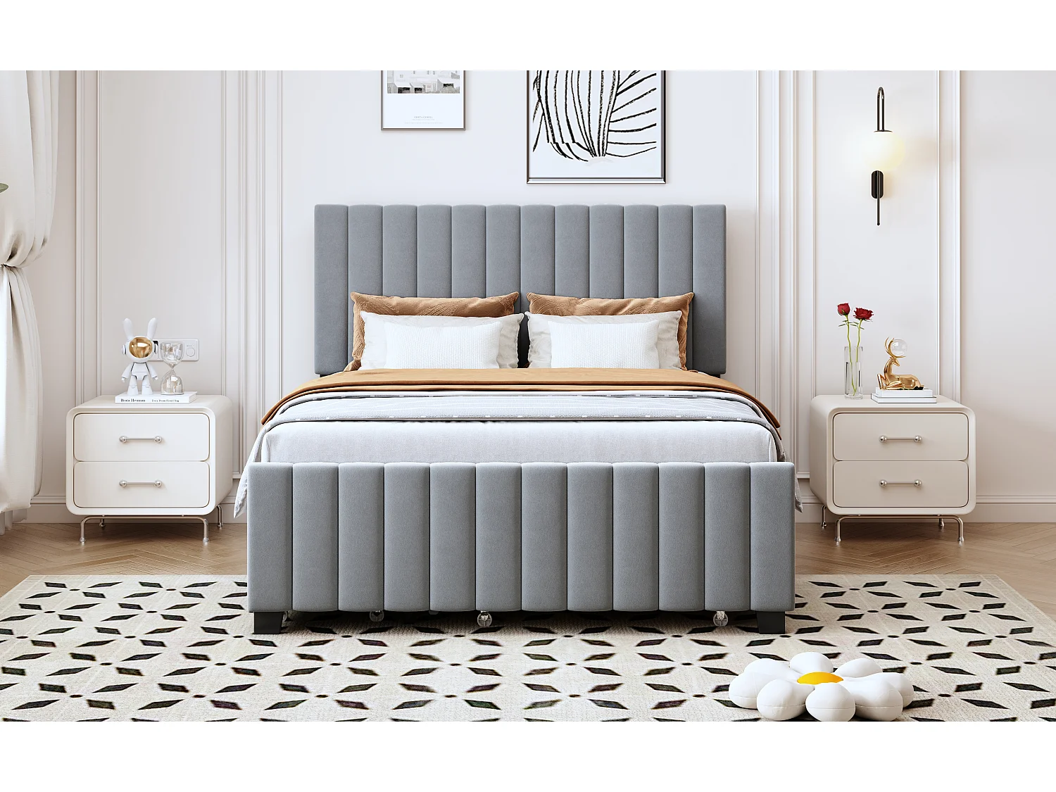 Lit rembourré 140x190 cm avec lit gigogne et deux tiroirs, velours gris doux, lit double pour enfants ou invités