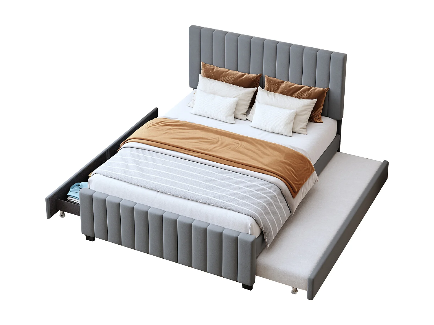 Lit rembourré 140x190 cm avec lit gigogne et deux tiroirs, velours gris doux, lit double pour enfants ou invités