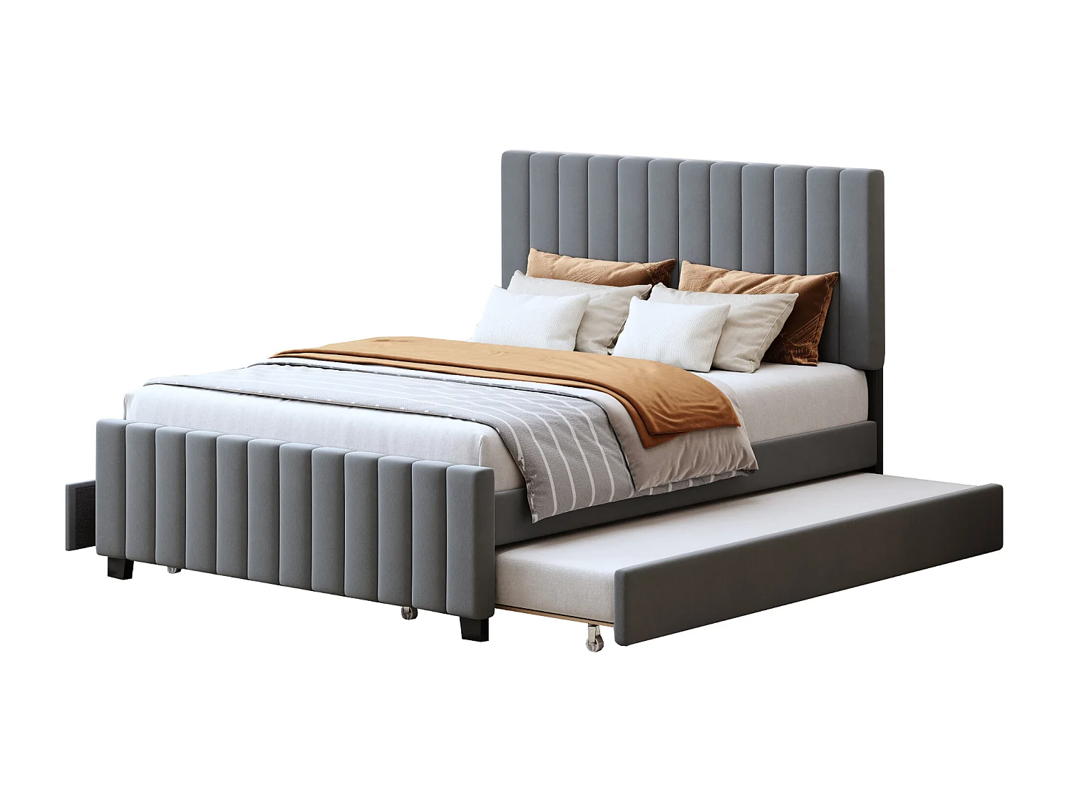 Lit rembourré 140x190 cm avec lit gigogne et deux tiroirs, velours gris doux, lit double pour enfants ou invités