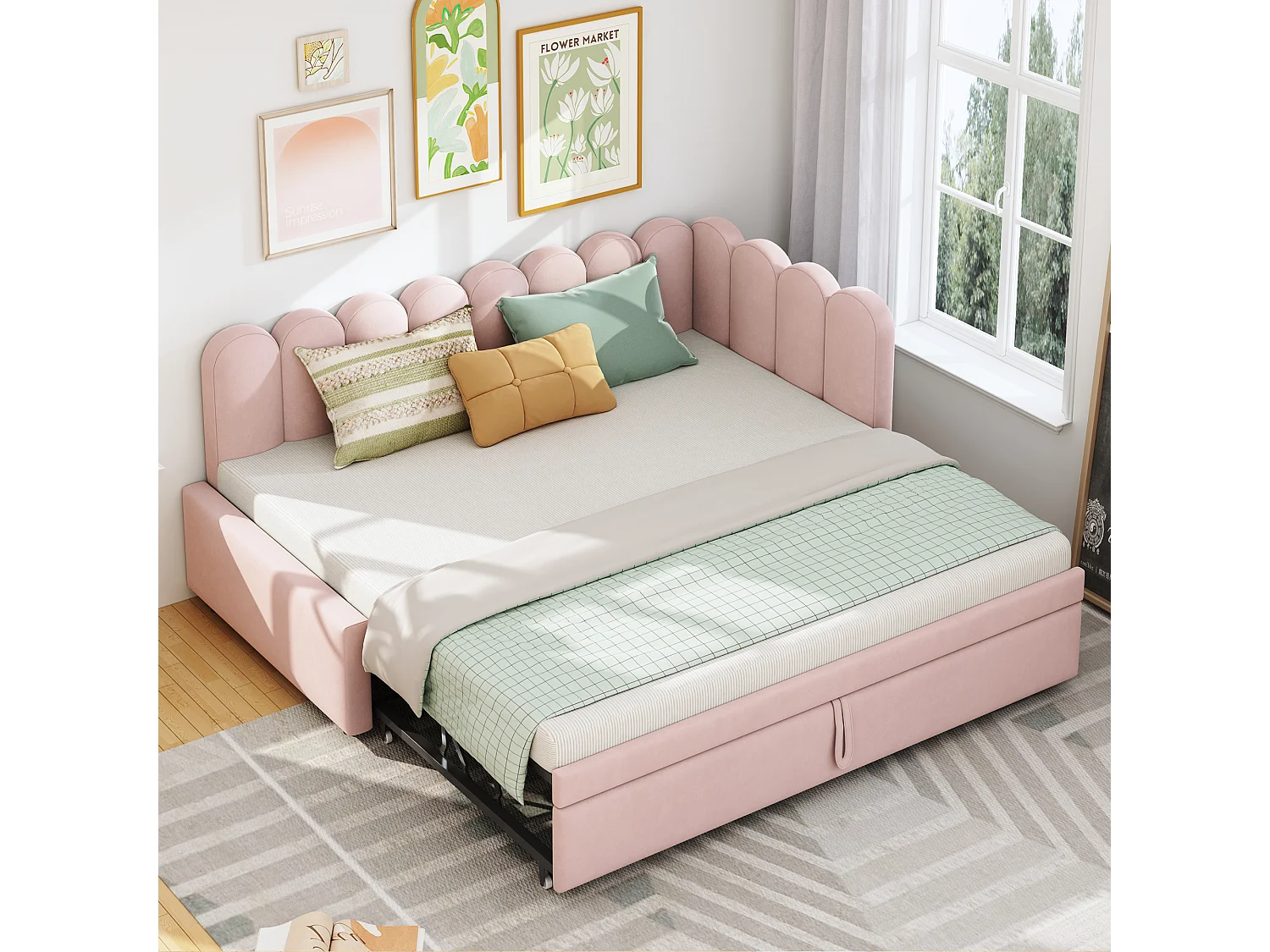 Canapé-lit d’angle 2-en-1 90/180x200 cm en velours rose, design compact, lit d’enfant ou d’invité