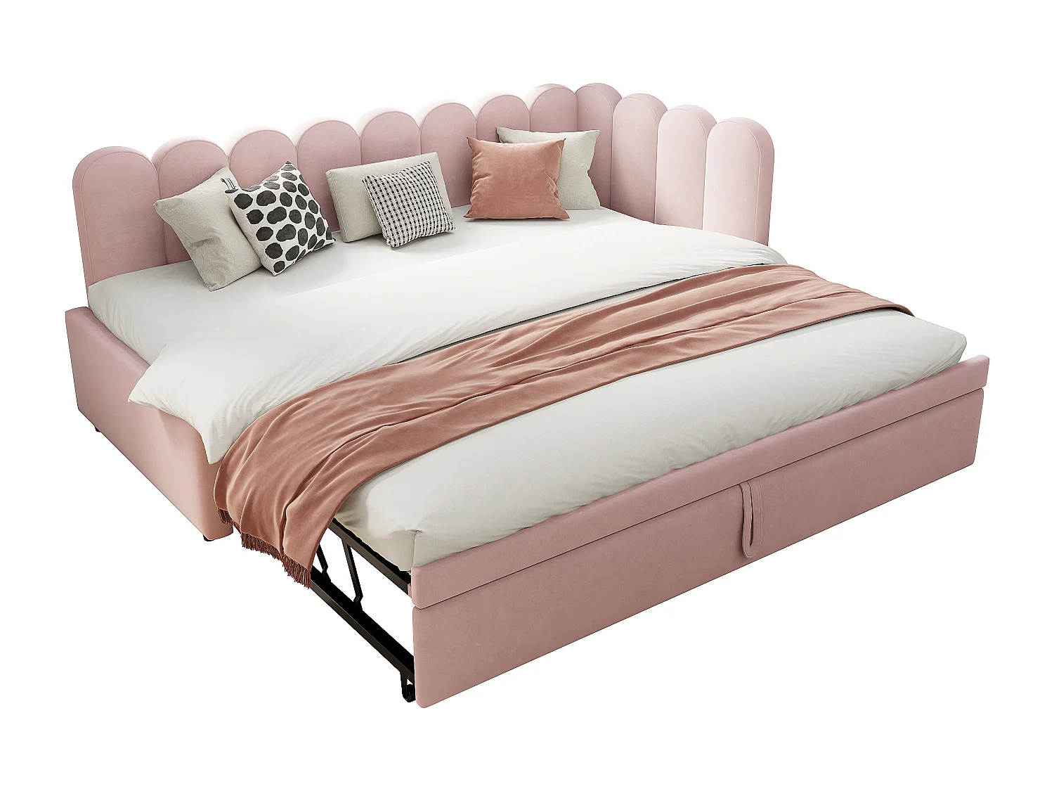 Canapé-lit d’angle 2-en-1 90/180x200 cm en velours rose, design compact, lit d’enfant ou d’invité