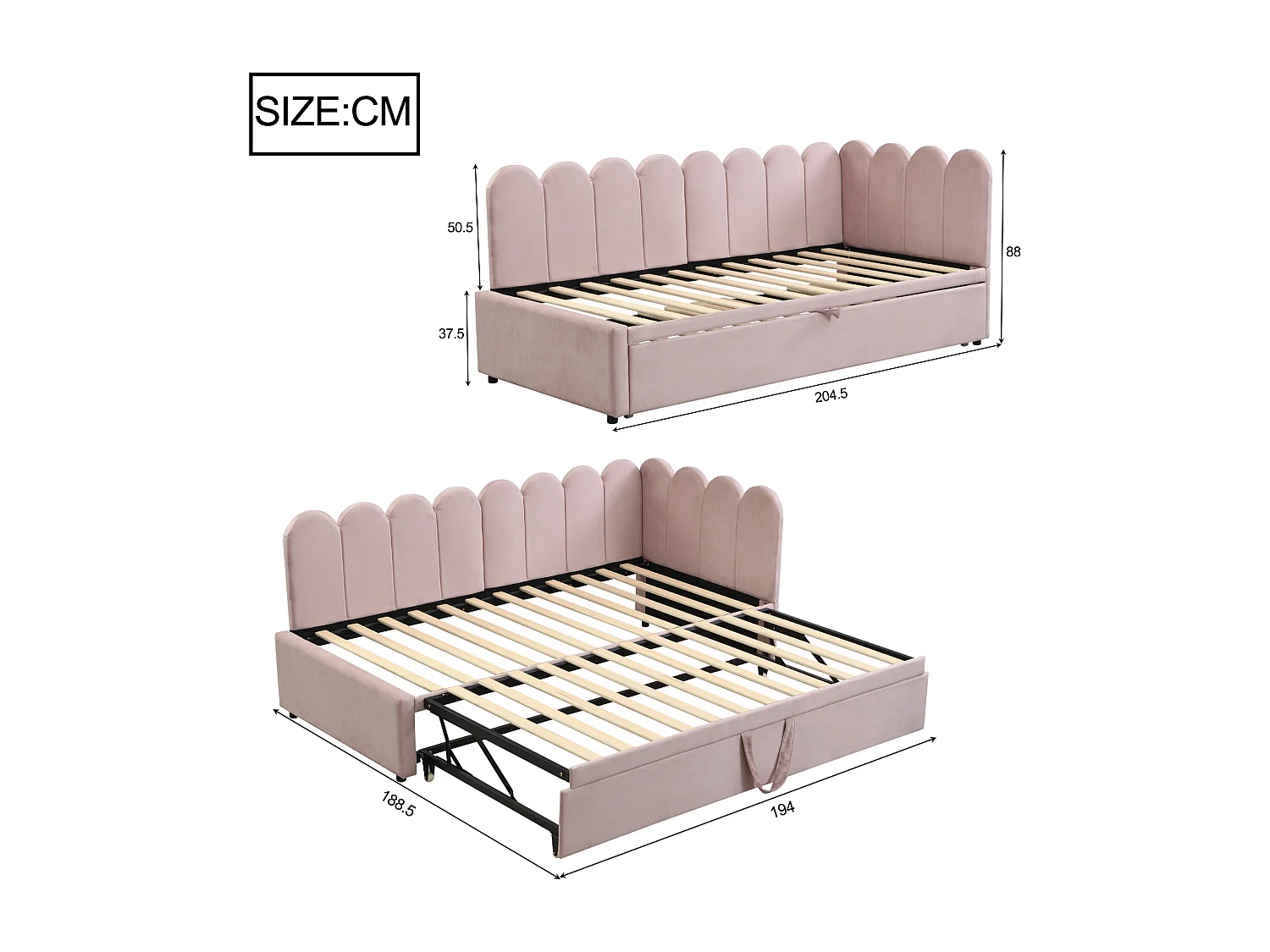 Canapé-lit d’angle 2-en-1 90/180x200 cm en velours rose, design compact, lit d’enfant ou d’invité