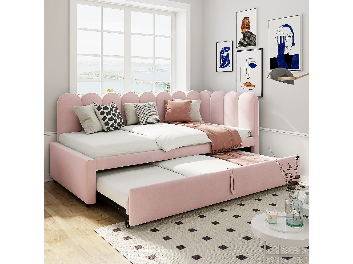 L-vormige slaapbank 90x200 cm van fluweel (gestoffeerd), roze, uitschuifbaar tot 180x200 cm