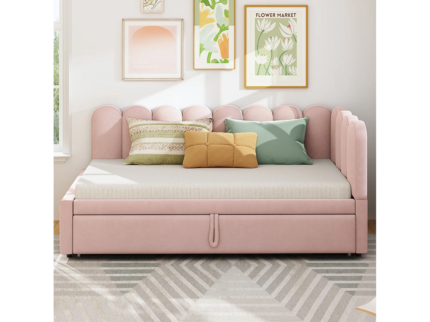 L-vormige slaapbank 90x200 cm van fluweel (gestoffeerd), roze, uitschuifbaar tot 180x200 cm