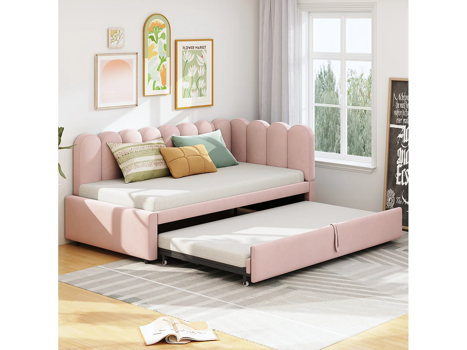 L-vormige slaapbank 90x200 cm van fluweel (gestoffeerd), roze, uitschuifbaar tot 180x200 cm