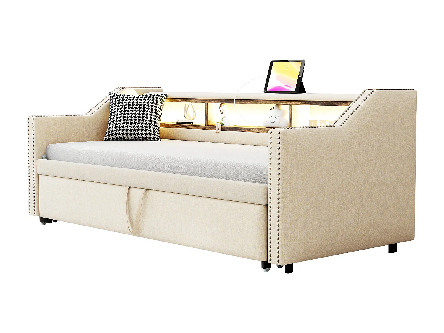 Lit rembourré extensible 90/180x190 cm en lin beige, canapé-lit avec LED, port USB et espace de rangement