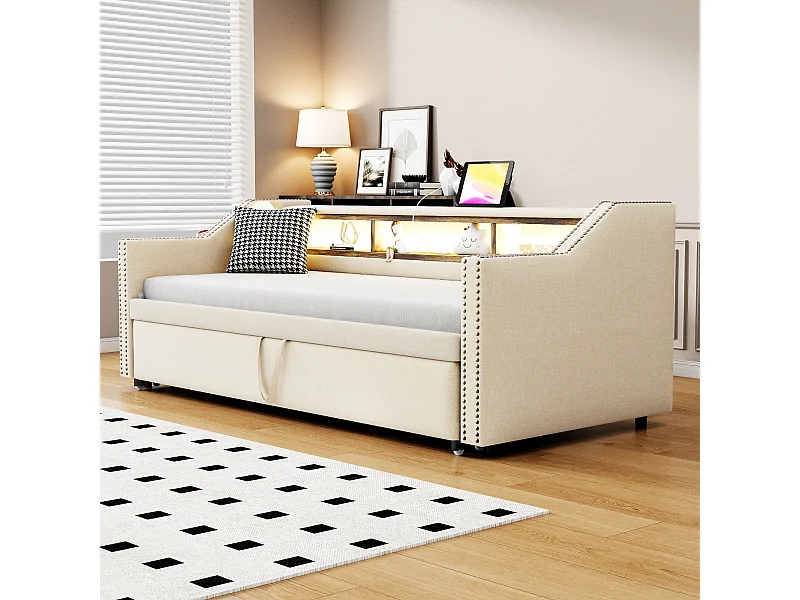 Lit rembourré extensible 90/180x190 cm en lin beige, canapé-lit avec LED, port USB et espace de rangement