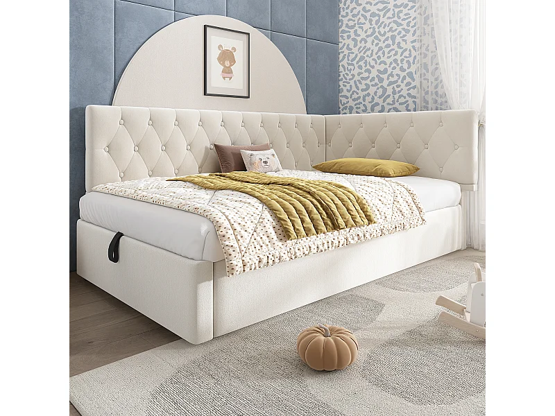 Lit Banquette capitonné 90×190 cm, lit d’appoint avec coffre hydraulique, velours beige, sommier bois, sans matelas