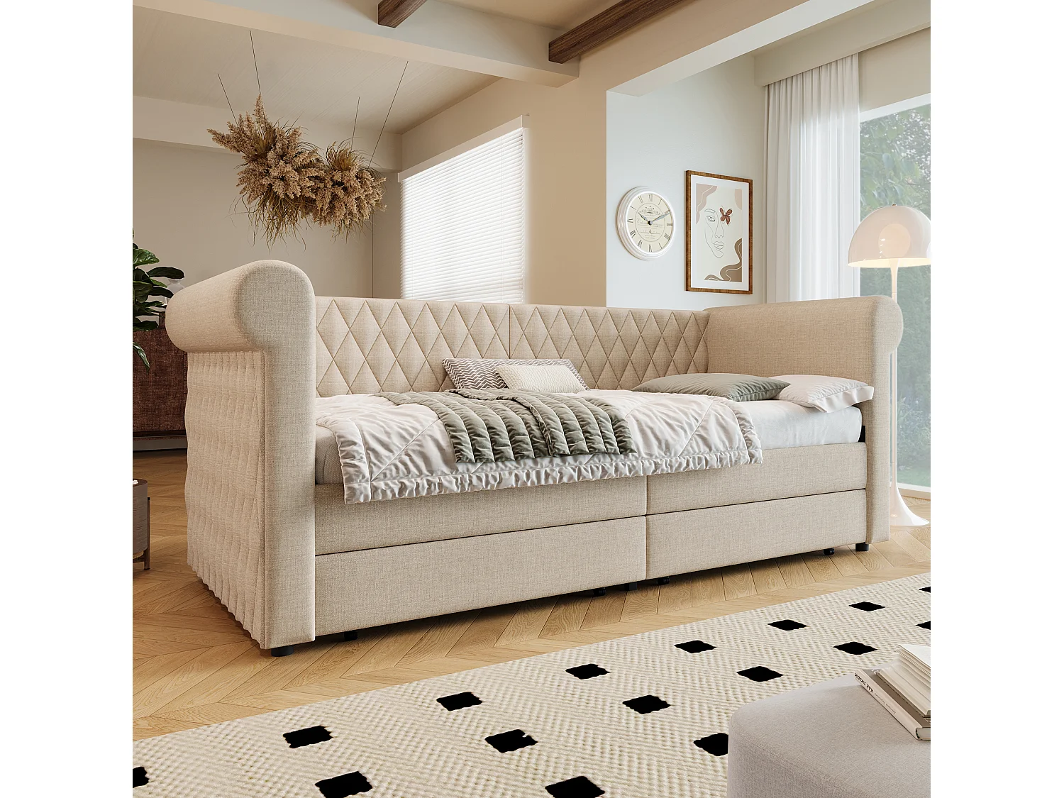 Lit banquette vintage 90×200 cm, canapé-lit avec tête de lit capitonnée et 2 tiroirs de rangement, lin beige, sans matelas
