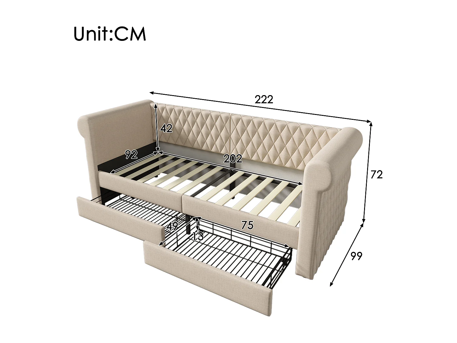 Lit banquette vintage 90×200 cm, canapé-lit avec tête de lit capitonnée et 2 tiroirs de rangement, lin beige, sans matelas