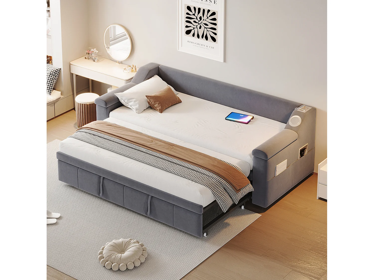 Canapé-lit rembourré 90/180x190 cm, accoudoirs épais avec stéréo Bluetooth, ports USB et rangements, velours gris