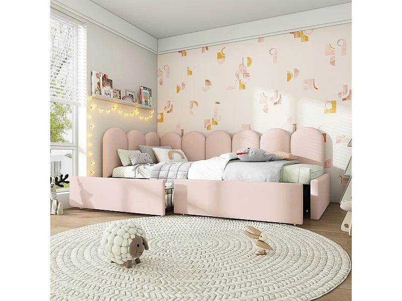 Lit banquette capitonné 90×190 cm, lit simple avec tiroirs de rangement, velours rose, sommier bois, sans matelas