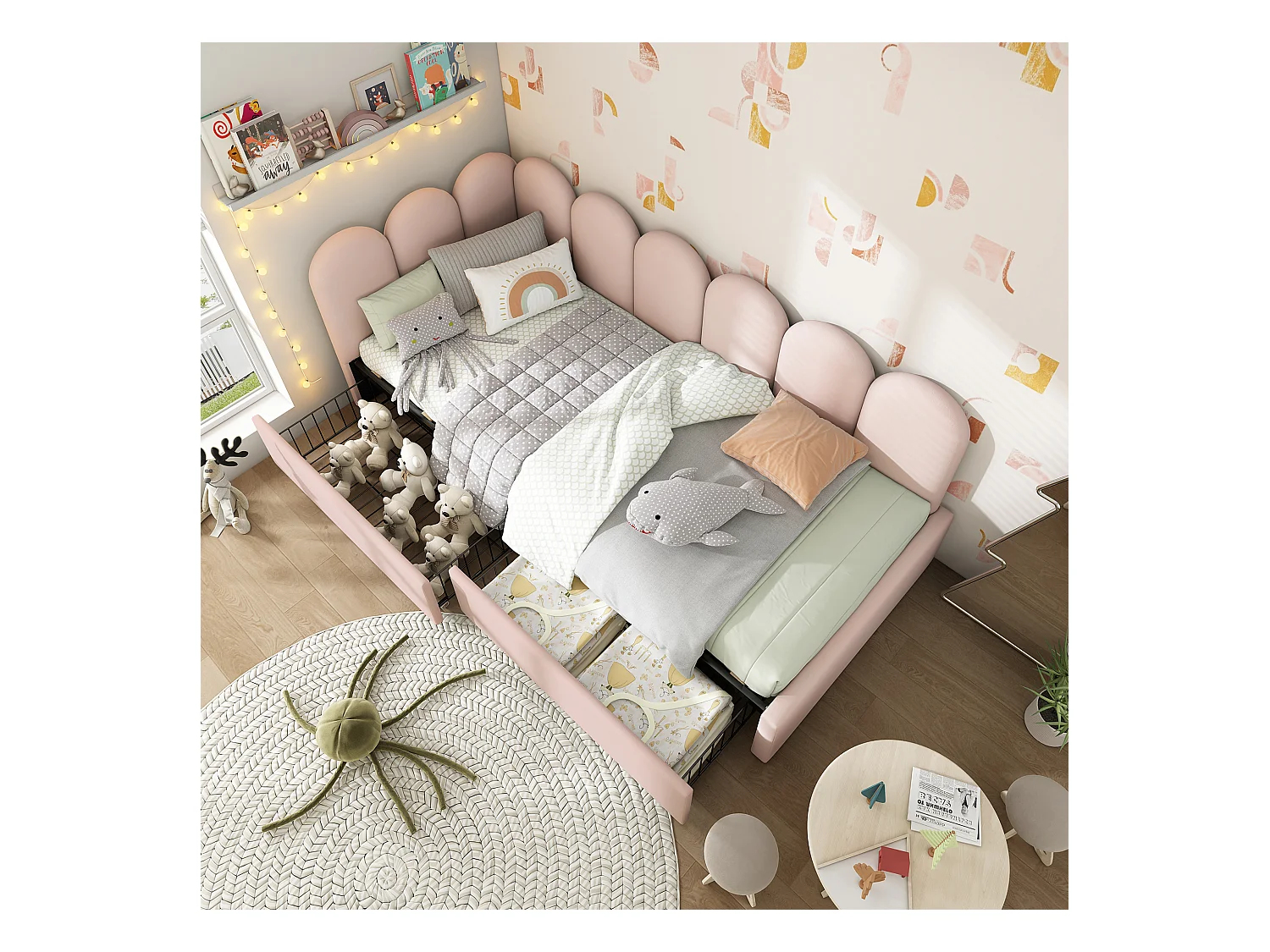 Lit banquette capitonné 90×190 cm, lit simple avec tiroirs de rangement, velours rose, sommier bois, sans matelas