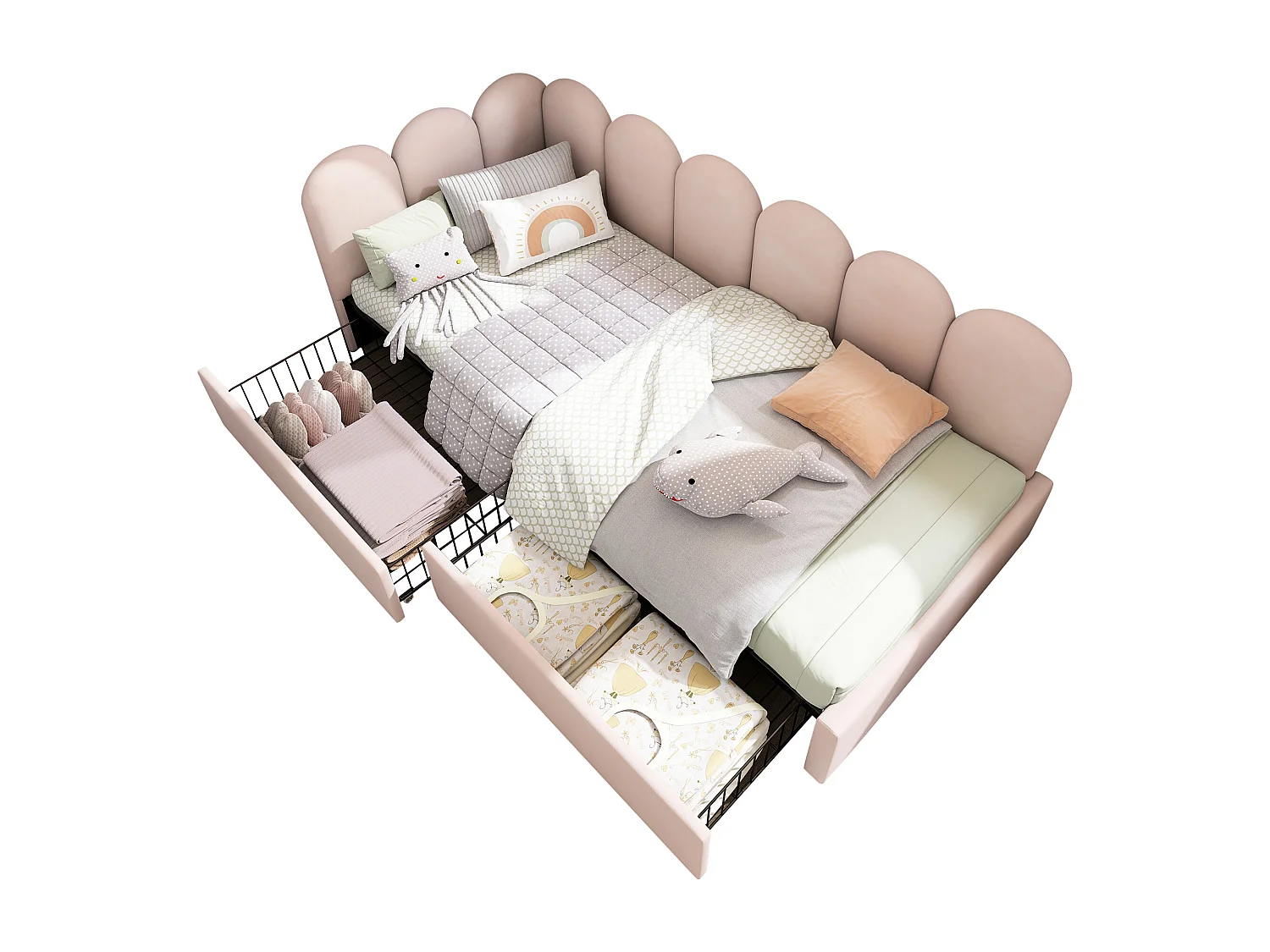 Lit banquette capitonné 90×190 cm, lit simple avec tiroirs de rangement, velours rose, sommier bois, sans matelas