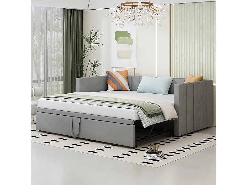 Canapé-lit extensible 90/180x200 cm avec sommier, lit multifonction en velours gris, design sobre et fonctionnel