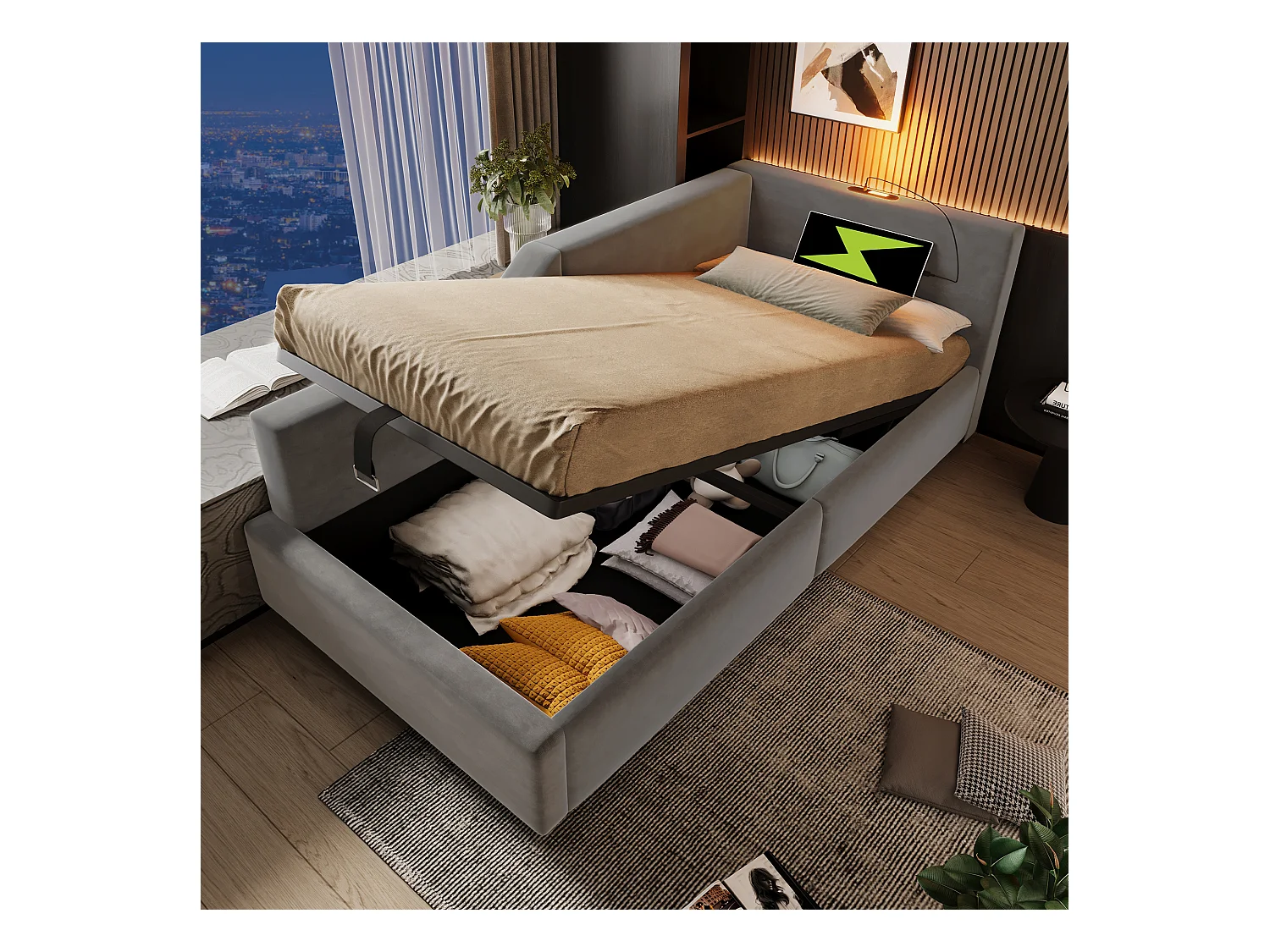 Lit banquette capitonné 90×200 cm, canapé-lit avec coffre hydraulique, lumière de lecture et port USB-C, velours gris, sans matelas