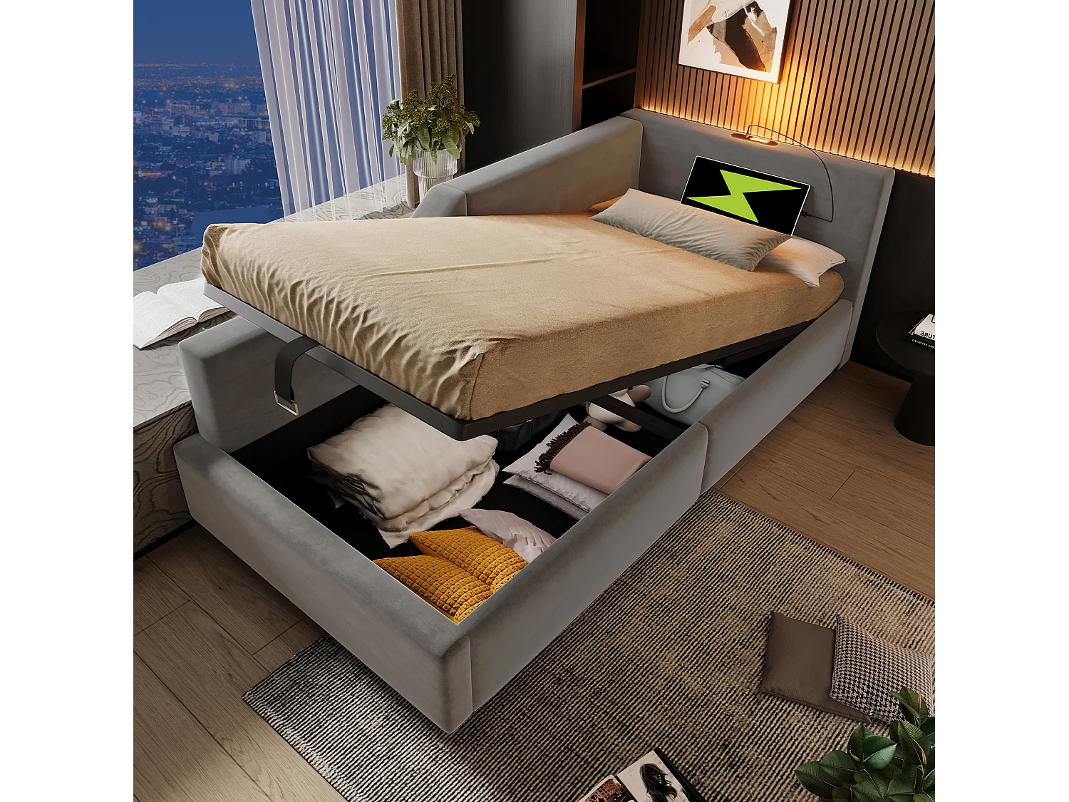 Lit banquette capitonné 90×200 cm, canapé-lit avec coffre hydraulique, lumière de lecture et port USB-C, velours gris, sans matelas