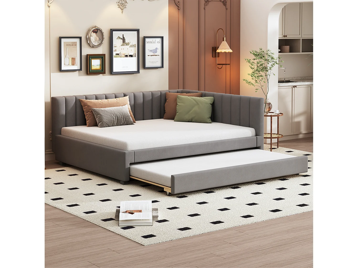 Lit rembourré extensible 140x200 cm avec sommier, velours gris, lit multifonction pratique pour chambre moderne