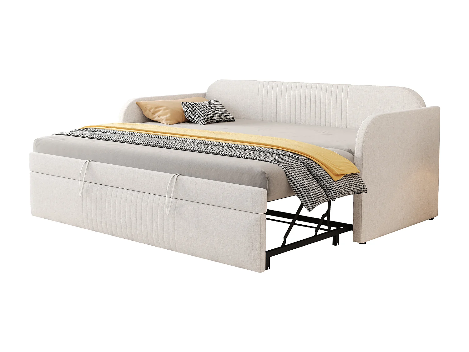 Lit rembourré extensible 90/180x190 cm à rayures verticales, en lin beige respirant, avec sommier intégré (matelas non inclus)