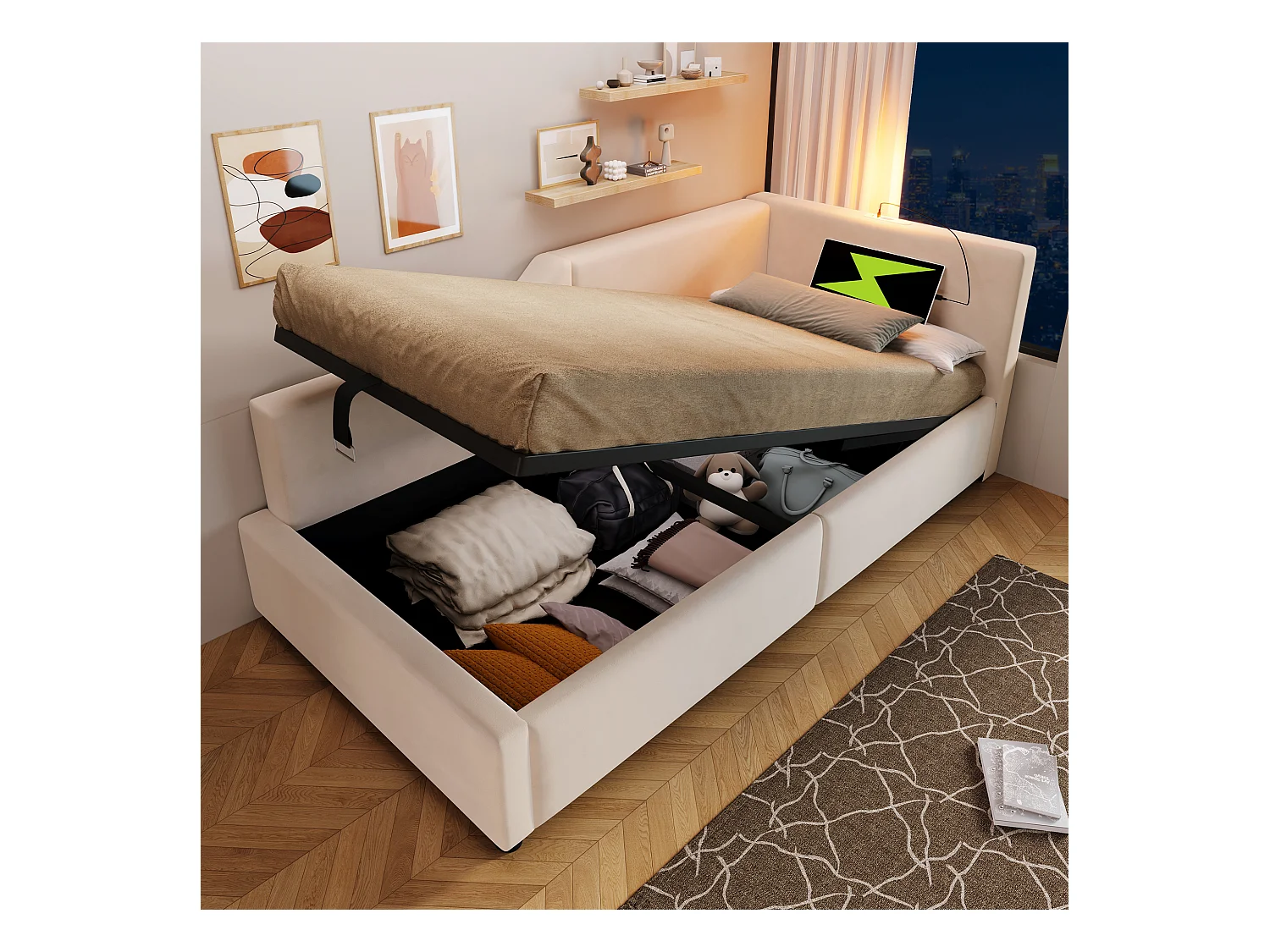 Lit banquette capitonné 90×200 cm, canapé-lit avec coffre hydraulique, lumière de lecture et port USB-C, velours beige, sans matelas