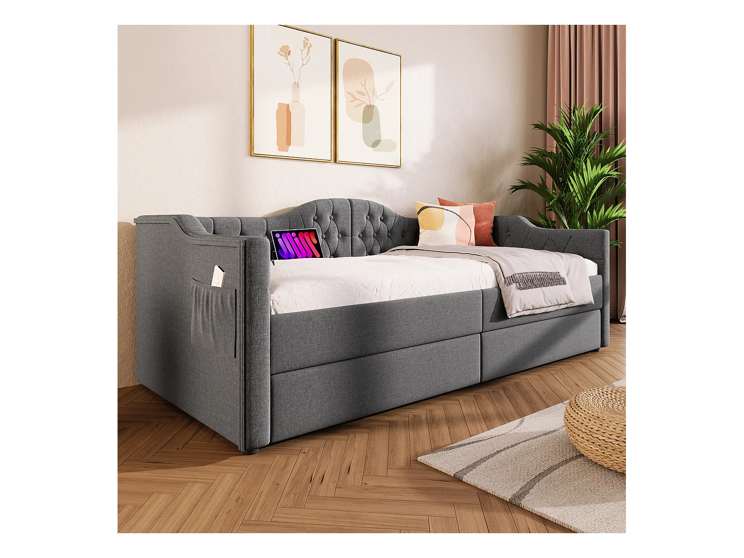 Lit banquette capitonné 90×190 cm, canapé-lit avec 2 tiroirs et ports USB-C, tissu lin gris, sans matelas