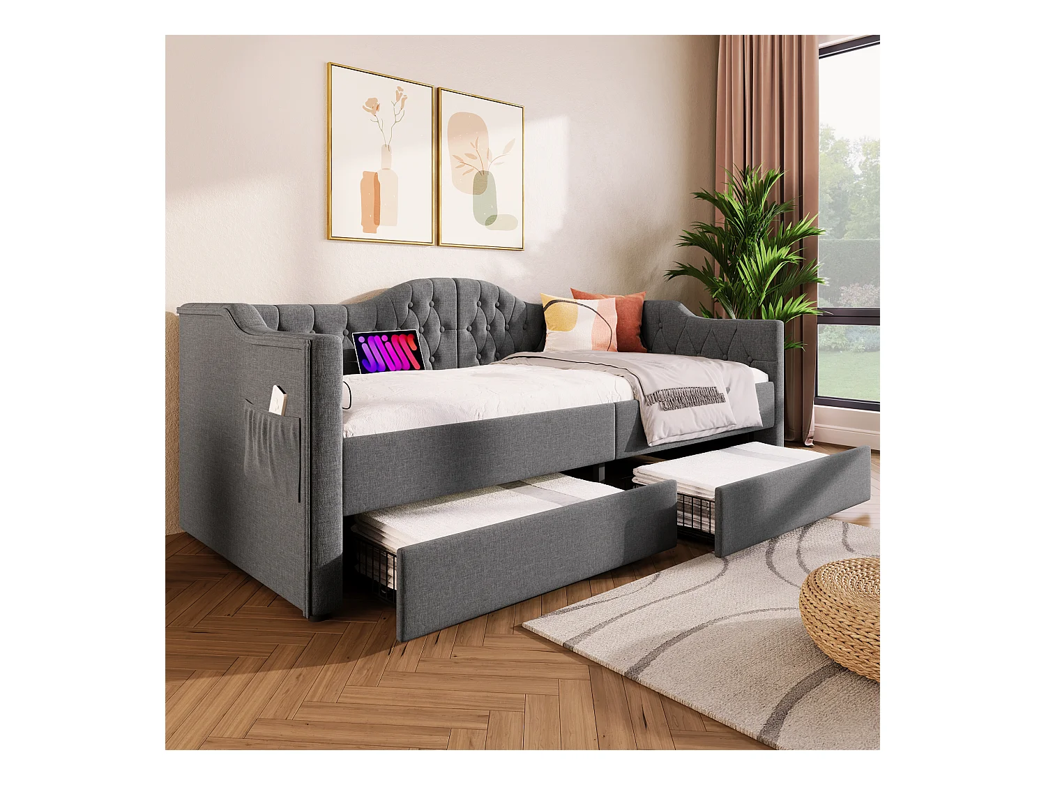 Lit banquette capitonné 90×190 cm, canapé-lit avec 2 tiroirs et ports USB-C, tissu lin gris, sans matelas