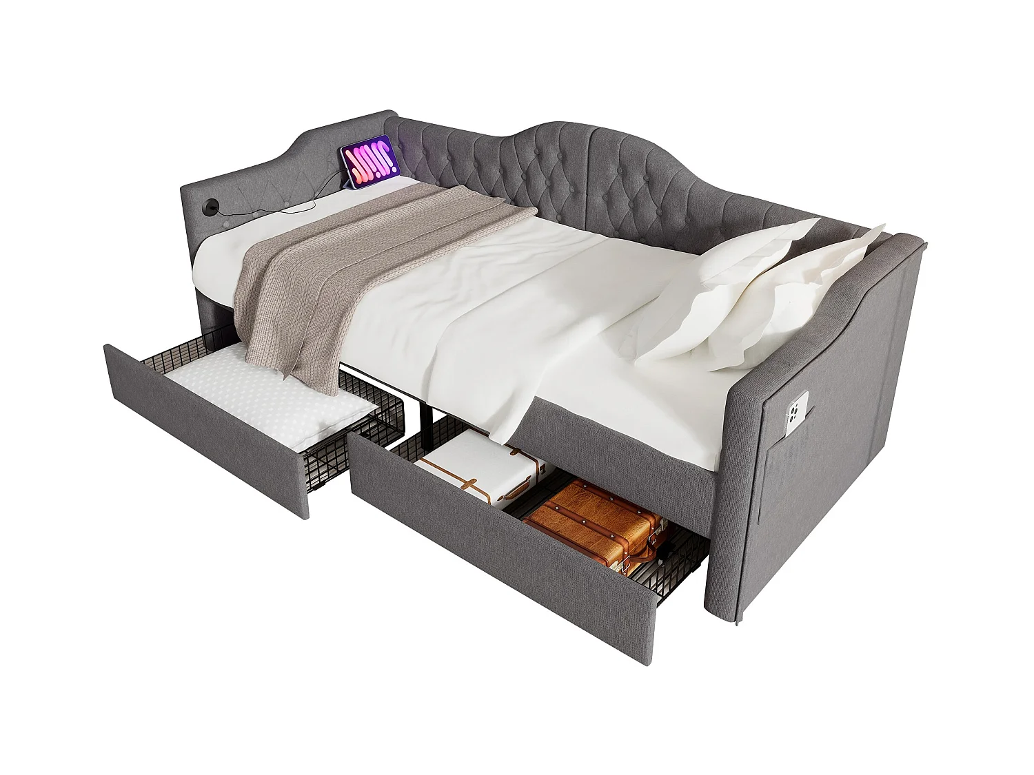 Lit banquette capitonné 90×190 cm, canapé-lit avec 2 tiroirs et ports USB-C, tissu lin gris, sans matelas