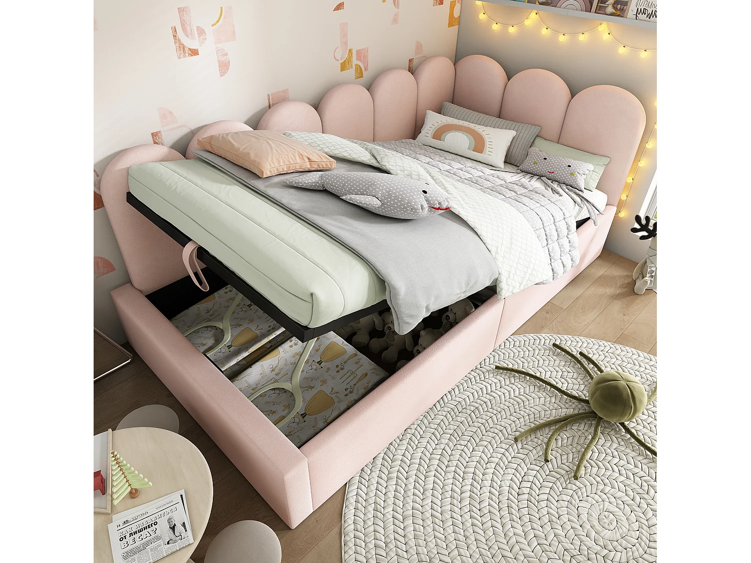 Lit banquette capitonné 90×200 cm, canapé-lit avec coffre hydraulique et sommier métallique, velours rose, sans matelas