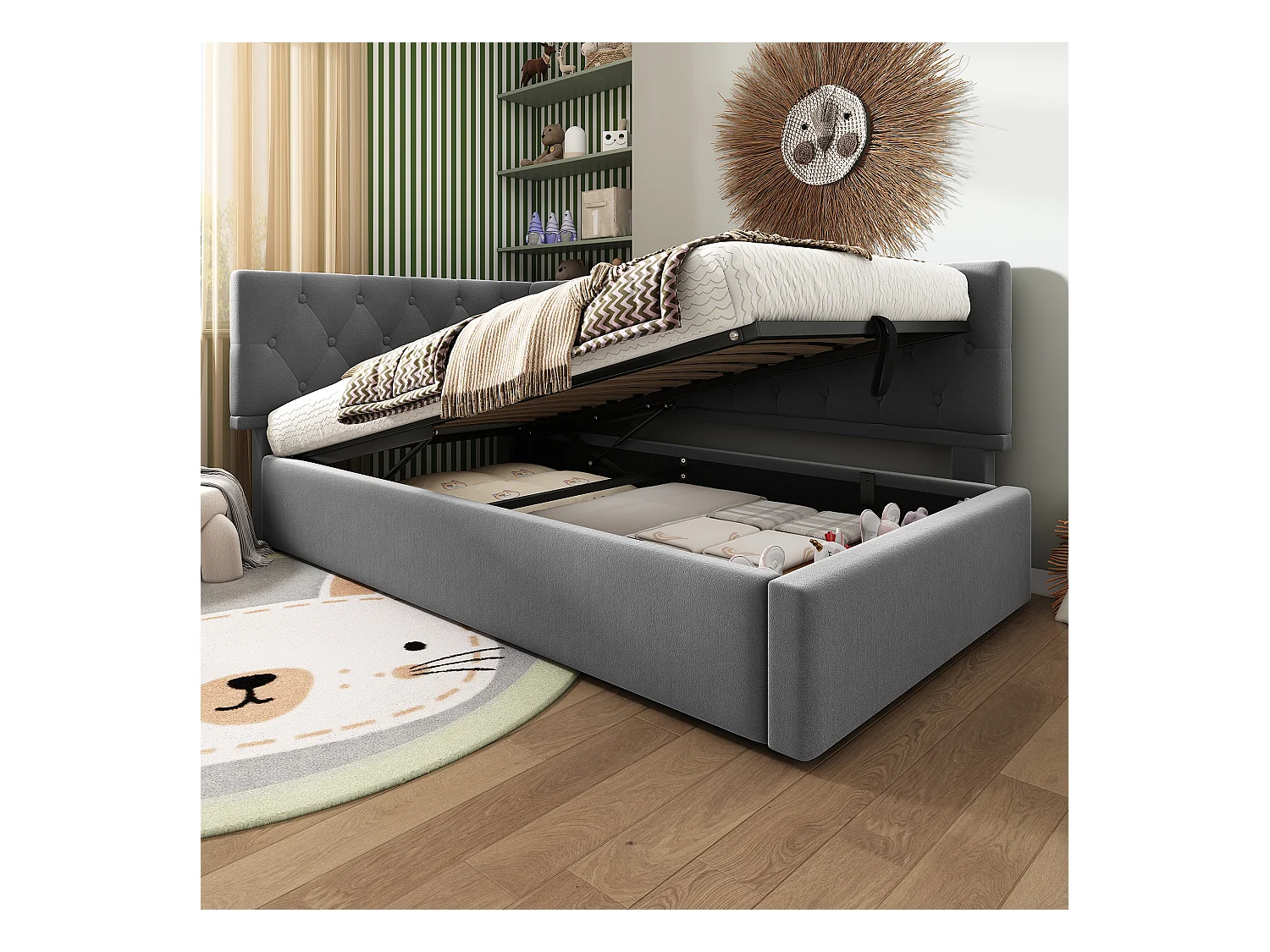 Lit Banquette capitonné 90×200 cm, lit d’appoint avec coffre hydraulique, velours gris, sommier bois, sans matelas