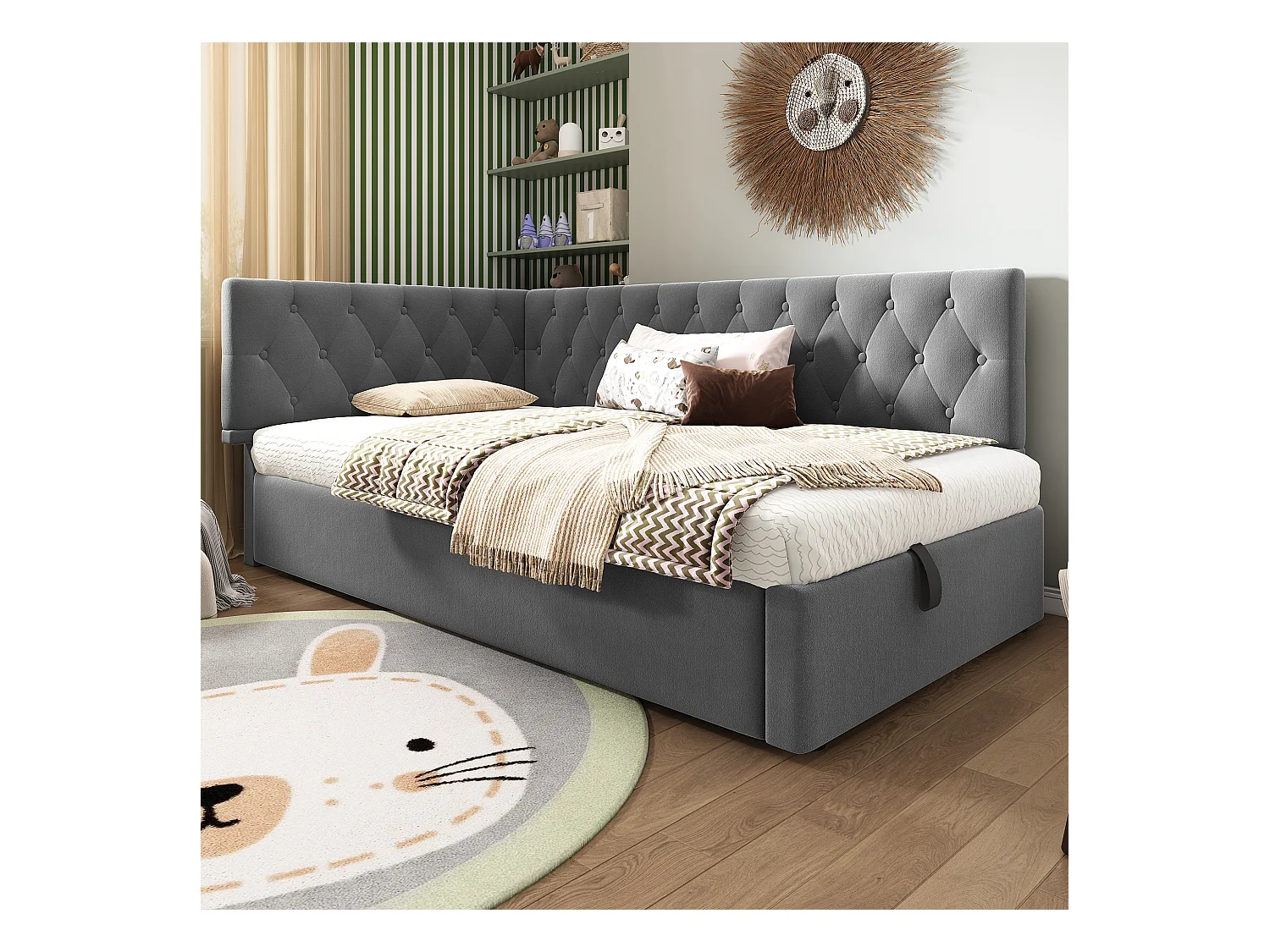 Lit Banquette capitonné 90×200 cm, lit d’appoint avec coffre hydraulique, velours gris, sommier bois, sans matelas