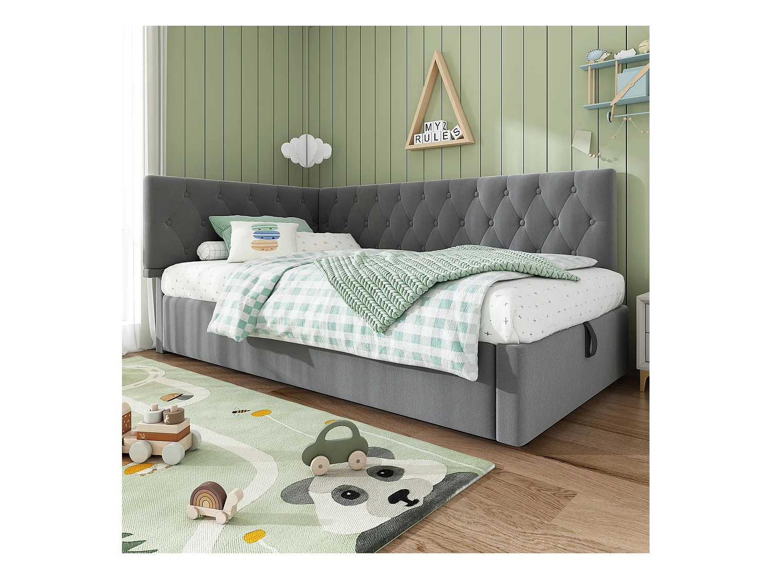 Lit Banquette capitonné 90×200 cm, lit d’appoint avec coffre hydraulique, velours gris, sommier bois, sans matelas