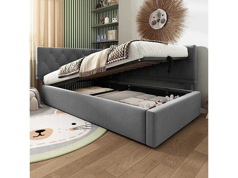 Lit Banquette capitonné 90×200 cm, lit d’appoint avec coffre hydraulique, velours gris, sommier bois, sans matelas
