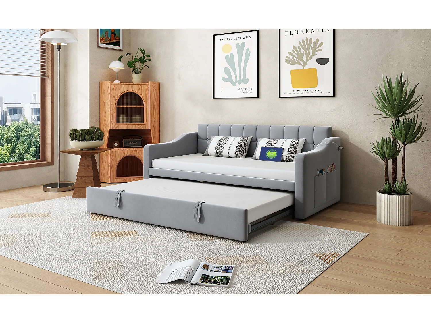 Canapé-lit multifonction 2 en 1 90/180x190 cm, en velours gris clair, avec prise USB et poche de rangement