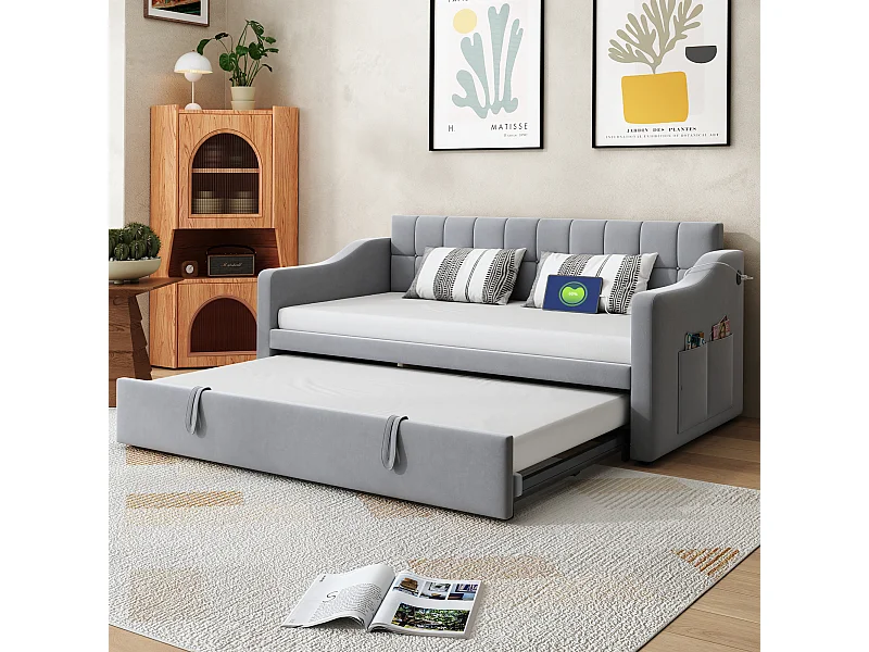 Canapé-lit multifonction 2 en 1 90/180x190 cm, en velours gris clair, avec prise USB et poche de rangement