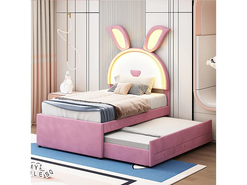 Lit rembourré 90x200 cm en velours rose, canapé-lit avec tiroir, lit gigogne et LED à couleur variable