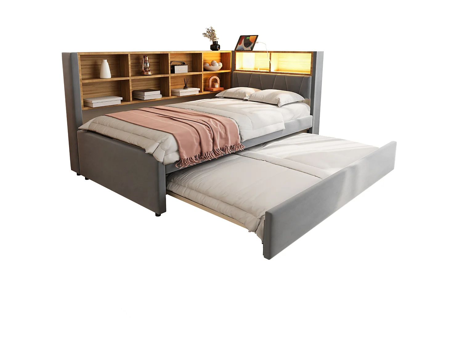 Canapé-lit 90x200 cm avec lit gigogne 90x190 cm, LED, port USB et rangements intégrés, flanelle gris foncé