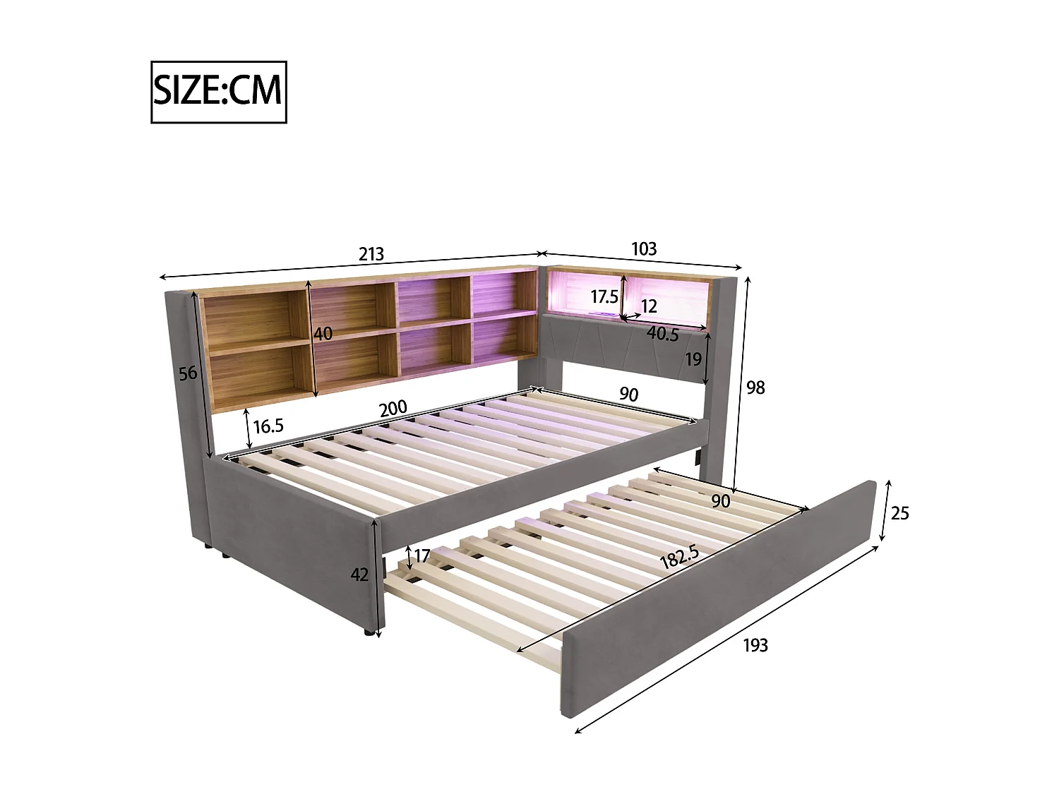 Canapé-lit 90x200 cm avec lit gigogne 90x190 cm, LED, port USB et rangements intégrés, flanelle gris foncé