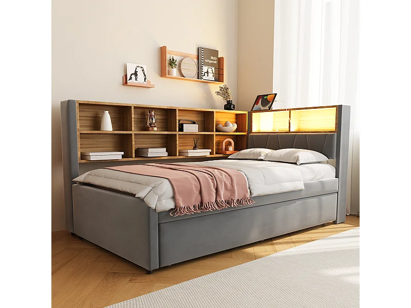 Canapé-lit 90x200 cm avec lit gigogne 90x190 cm, LED, port USB et rangements intégrés, flanelle gris foncé