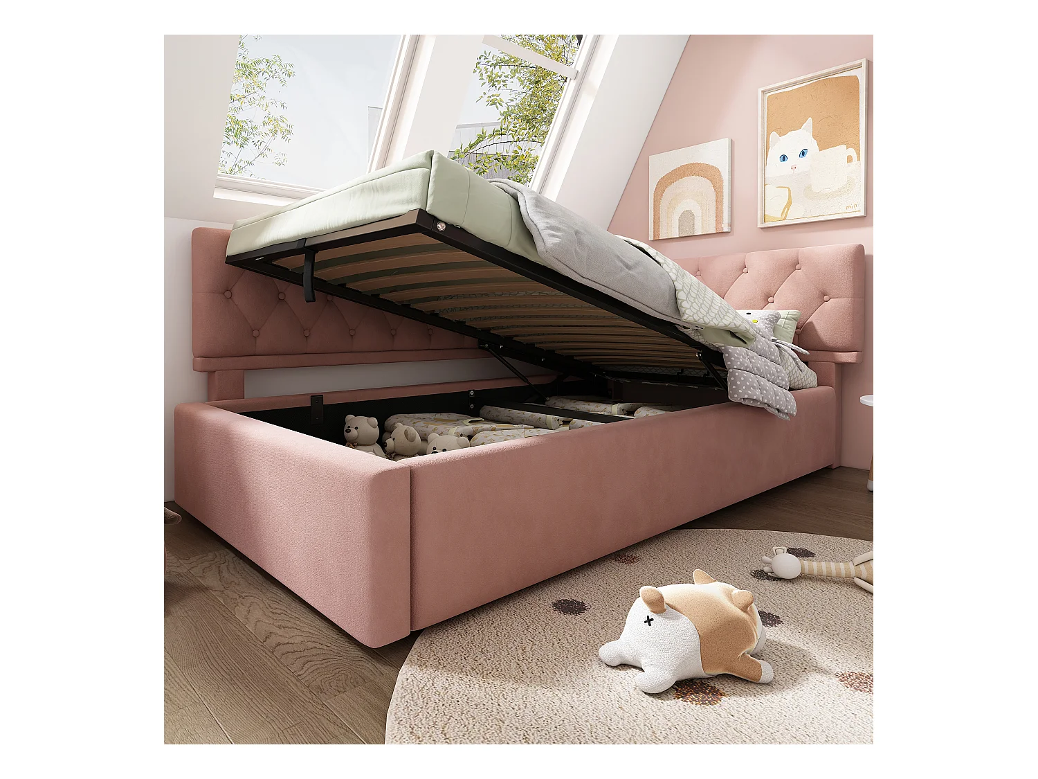 Lit Banquette capitonné 90×190 cm, lit d’appoint avec coffre hydraulique, velours rose, sommier bois, sans matelas