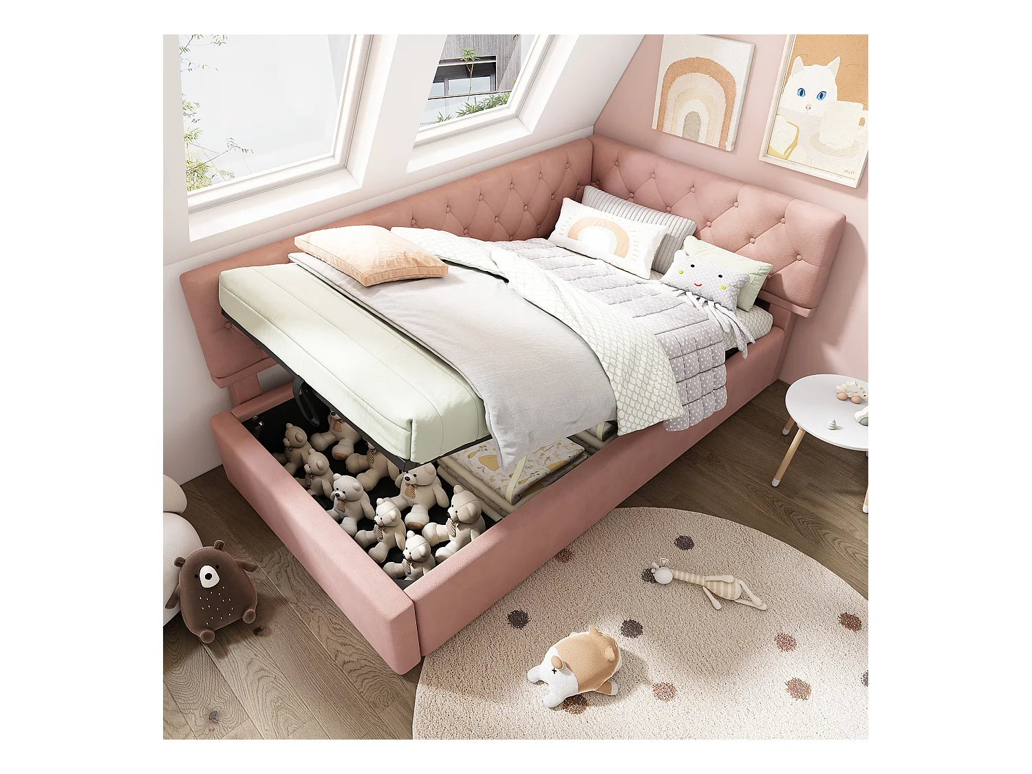 Lit Banquette capitonné 90×190 cm, lit d’appoint avec coffre hydraulique, velours rose, sommier bois, sans matelas