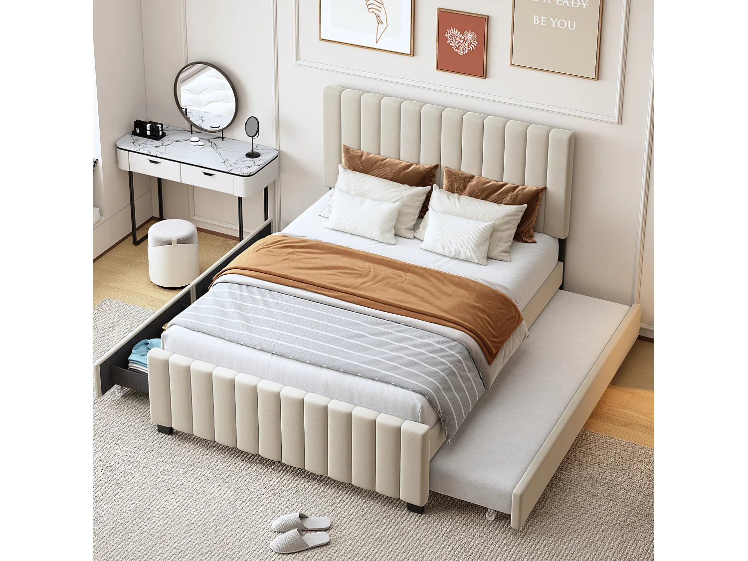 Lit rembourré 140x190 cm avec lit gigogne et deux tiroirs, velours beige, lit double pratique pour chambre moderne